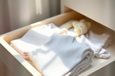 Neatly folded baby clothes in a sunlit nursery drawer.
