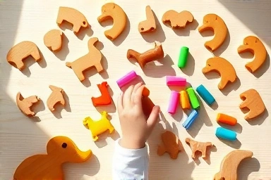 Wooden animal beads and string for child development, creative play.