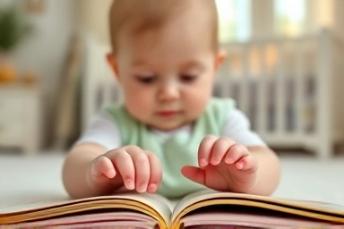 Baby's hands interacting with an open pop-up book.