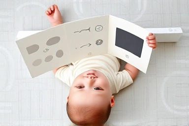 Newborn baby during tummy time with a folding screen book.