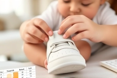 Mother adjusting baby's first shoe for perfect fit.