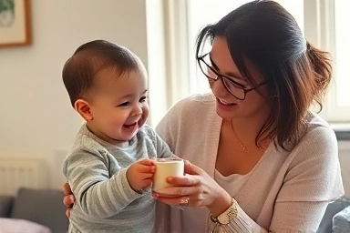 Mother offering tea to baby with care.