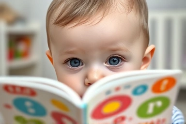 Baby focused on colorful book, visual development