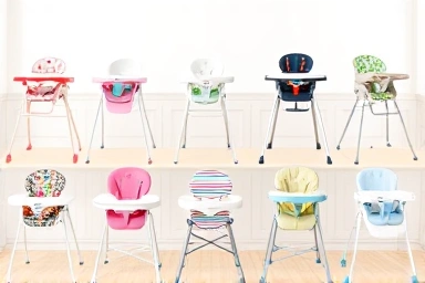 Variety of baby eating chairs and booster seats.