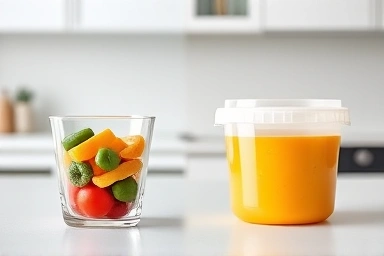 Glass and plastic baby food containers side-by-side