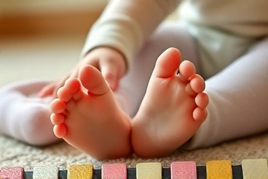 Baby's hands and feet playing a musical toy.
