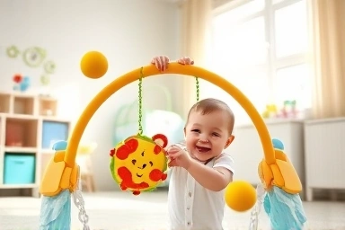 Baby playing on colorful baby gym, developmental play