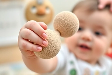 Baby's hands grasping toy on baby gym, sensory development