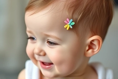 Baby with sparse hair wearing a safe hair clip.