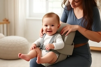 Mother using hip seat with happy baby, legs spread naturally.