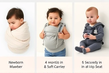 Baby carriers for different developmental stages: sling, carrier, hip seat.