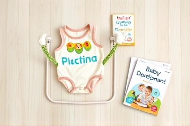 Baby jumper with development books and nutrition symbol