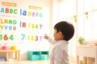 Child engaging with educational posters in a bright nursery.