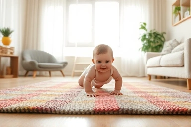 Cozy living room with baby on sound-dampening floor mat.