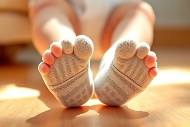 Baby's feet in non-slip socks on wooden floor