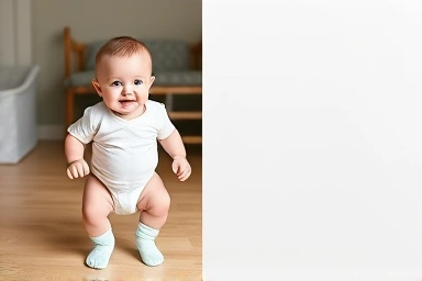 Baby's first steps in non-slip socks, growth symbolism