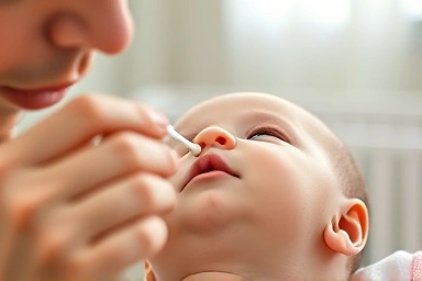 Parent gently cleaning baby's nose with safe cotton swab