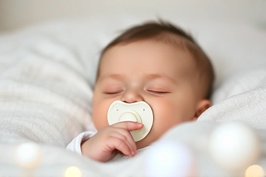Peaceful sleeping baby with pacifier, calm nursery.