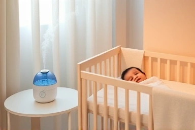 Peaceful nursery with humidifier for baby's health.