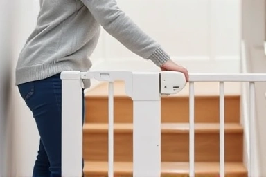 Parent locking baby safety gate on stairs, preventing falls, secure home.