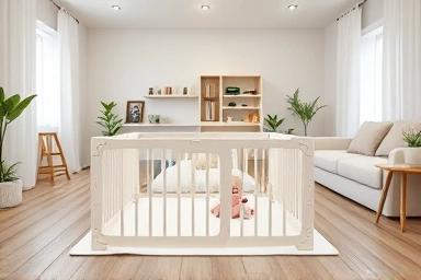 Safe baby playpen in a modern living room.