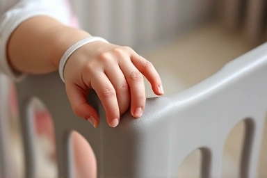 Close-up of baby's hand touching safe playpen edge.