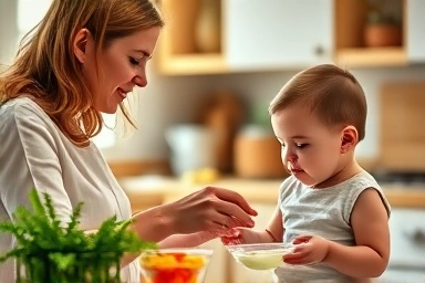 Mother preparing healthy baby food in kitchen