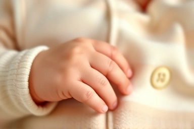 Close-up of soft baby sleep vest fabric and a relaxed baby's hand.