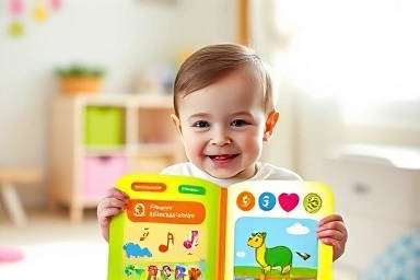 Baby joyfully playing with a colorful sound book.