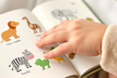 Close-up of baby's hands interacting with animal sound book.