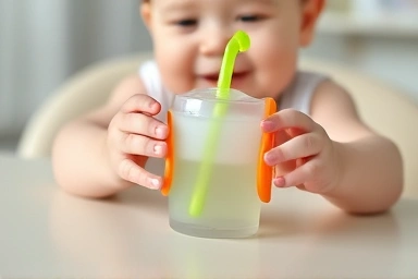 Baby's hands reaching for spill-proof straw cup.