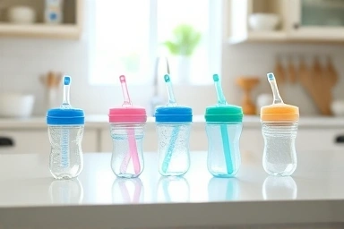 Assortment of modern baby spill-proof straw cups for cleaning.