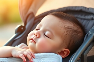 Baby sleeping peacefully in a stroller with cooling pad