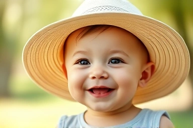 Happy baby wearing protective summer hat in sunlight
