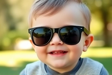 Baby wearing sunglasses, happy outdoor activity