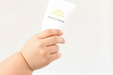 Baby's hand holding a gentle sunscreen stick