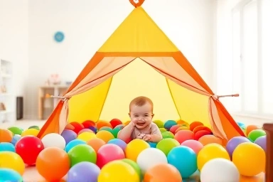 Baby playing in a tent ball pit, stimulating sensory development.