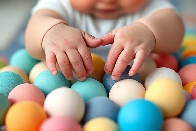 Baby's hands exploring soft balls, tactile sensory play.