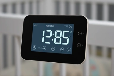 Modern digital thermo-hygrometer showing ideal baby room conditions.