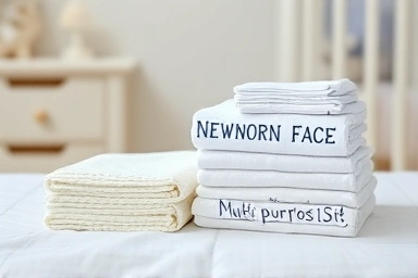 Organized stacks of baby handkerchiefs by material and use.