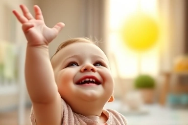 Baby reaching for sun, symbolizing vitamin D.