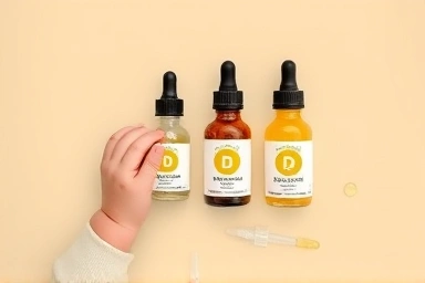 Baby vitamin D drops bottles and droppers, clean product display.