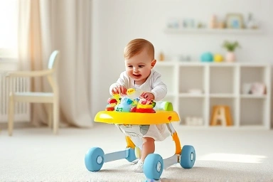 Baby happily exploring educational walker toy in nursery