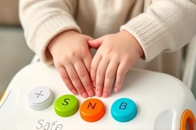 Baby's hands interacting with cognitive walker toy elements