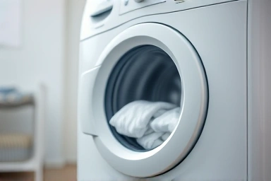 Modern baby washing machine with clean baby clothes.
