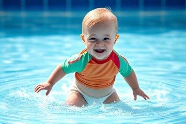 Happy baby playing in pool with swim diaper