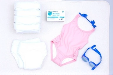 Baby swim essentials: swim diaper, swimsuit, towel