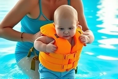 Parent and baby in infant life vest by pool