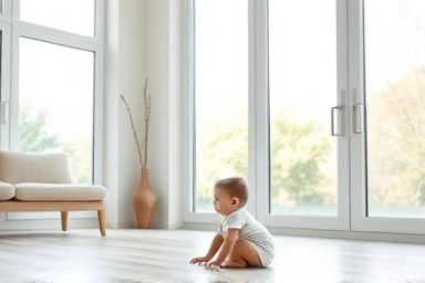 Safe toddler playing in a living room with secure windows