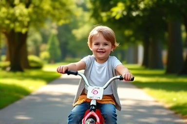 Toddler happily riding a balance bike in a park.